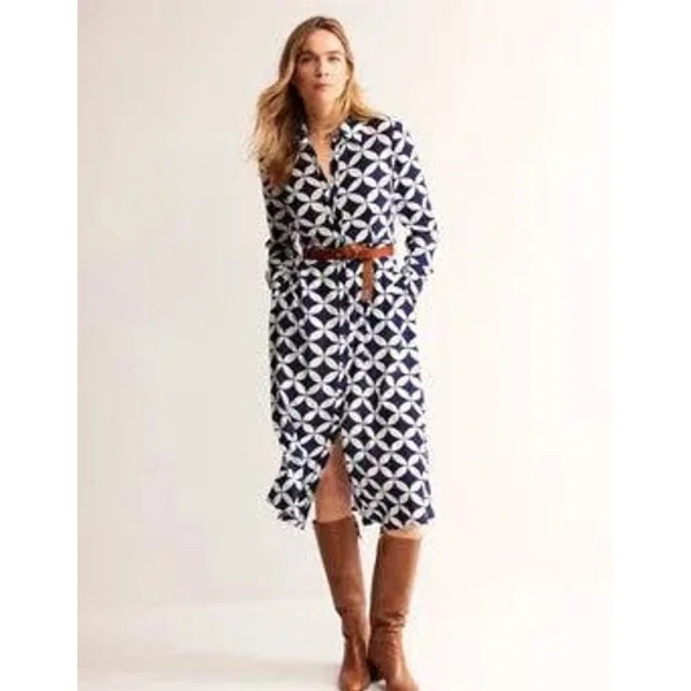 Boden Shirt Dress Geometric Petal Print 4R Navy White Belted Long Sleeve Midi - Picture 2 of 9